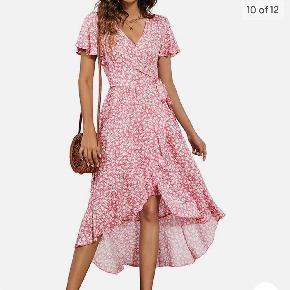 Naggoo NWT flarge pink and white floral v neck ruffle short sleeve wrap dress